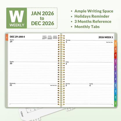 SUNEE 2026 Weekly and Monthly Planner - from January 2026 - December 2026, 8.5"x11" Daily Agenda Planner with Monthly Tab, Flexible Cover, Note Pages, Pockets, Bookmark, Spiral Binding, Sage Green