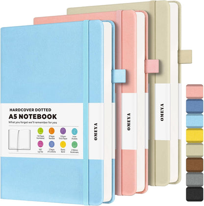 Dotted Journal Notebook 3 Pack, A5 Hardcover Notebook with 120gsm Thick Dotted Paper, Leather Journals for Women, Men, Dot Grid Notebook Journal for Writing, Notebooks for Work, School, 5.75" × 8.38"