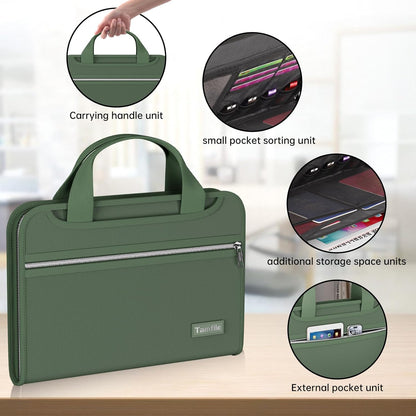 Tamfile Fireproof Accordion File Organizer with Handle, 13 Pocket Expanding File Folder with Zipper & Labels, File Folder with Multi-Pockets Paper Organizer Folder for Letter A4 Files, Green