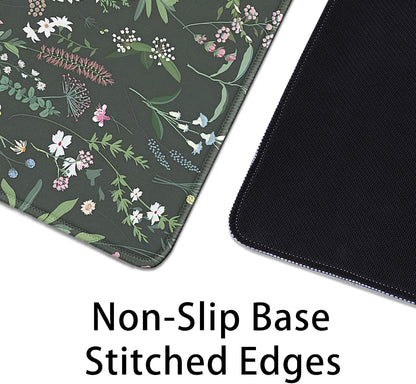 Green Plant Floral Mouse Pad,Large Flowers Mousepad Desk Pad with Stitched Edges,Non-Slip Waterproof Rubber Base Mouse Mat for Office Computer Keyboard Laptop Home(27.5x11.8 in)