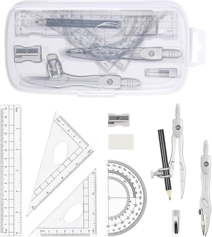 Math Geometry Kit Sets 10 Piece Student Supplies with Shatterproof Storage Box,Includes Rulers,Protractor,Compass,Eraser,Pencil Sharpener,Lead Refills,Pencil,for Drafting（White）
