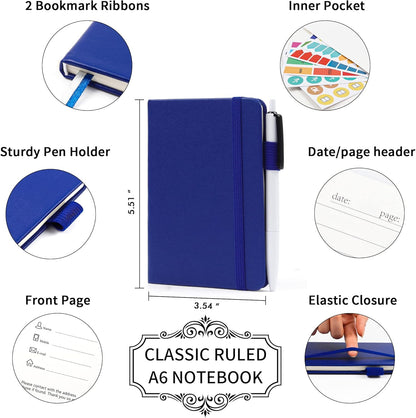 feela 15 Pack Pocket Small Notebooks Bulk, Mini Cute Notepads Hardcover College Ruled Lined Journals with Pen Holder for School Business Memos, with 15 Black Pens, 3.5”x 5.5”, A6, Navy