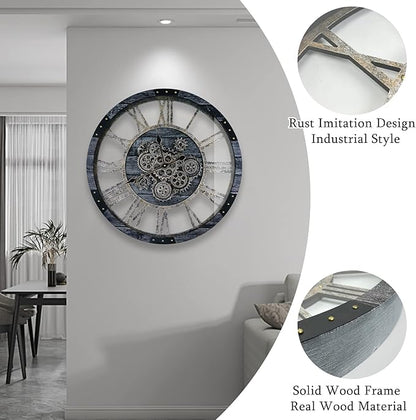 24 Inch Industrial Steampunk Wall Clock, Oversized Solid Wood Frame, Battery Operated, Large Wall Clock with Real Rotating Gears, Gray