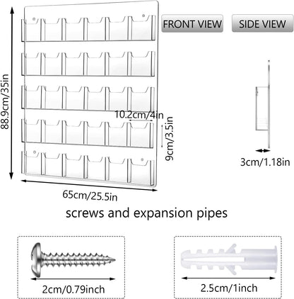 Acrylic Brochure Pamphlet Holder - Clear Display Stand with Multi Slot Rack, Wall Mount Pocket for Literature Menu Document Flyer Advertise Supplies (30 Pockets)