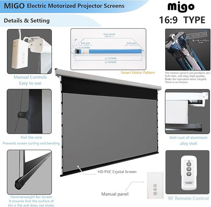MIGO 150 Inch Pull Down Electric Projector Screen, Grey Crystal 2.0 Gain Partial Ambient Light 4K Tab-Tension Projector Screen Wall & Ceiling Mount for Short Throw Projector Movie Home Theater Cinema