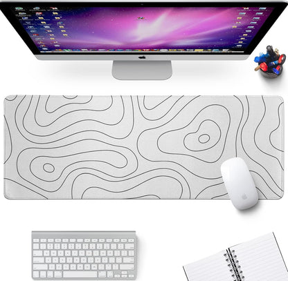 White Large Gaming Mouse Pad Desk Pad Topographic Map Big Keyboard Mat 31.5x11.8inch Computer Mousepad with Stitched Edge Non-Slip Rubber Base