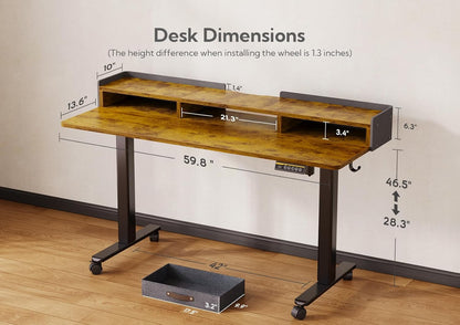 YDN Rustic Brown 2-Tier Adjustable Electric Standing Desk, 59 inch, Modern Design with 2 Drawers, Felt Fence, Hook, for Office