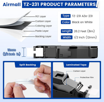 Airmall Tze 12mm 0.47 Laminated White Label Maker Tape Refill Compatible with Brother 12mm .47 Laminated White Tz Tape TZe-231 TZ-231 for PT-D200 D210 D220 H110 D410 P710BT 1750 1180, 20Pack