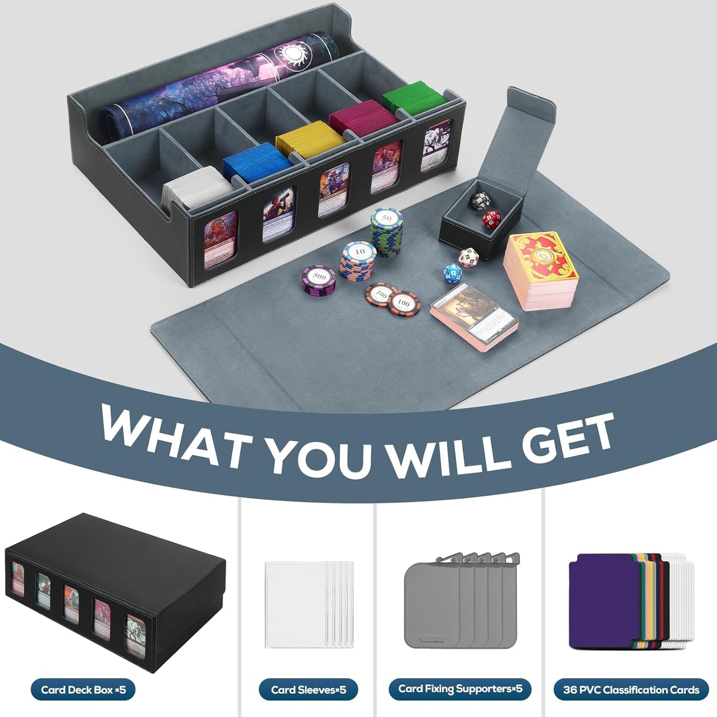 5-Row MTG Deck Box with Commander Display, Trading Card Storage Box for MTG TCG Sports Card，Card Deck Box with 1 Sieve box, 5 Toploaders, 5 Stoppers, 36 Colorful Dividers (Black & Grey)