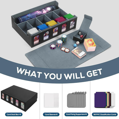 5-Row MTG Deck Box with Commander Display, Trading Card Storage Box for MTG TCG Sports Card，Card Deck Box with 1 Sieve box, 5 Toploaders, 5 Stoppers, 36 Colorful Dividers (Black & Grey)