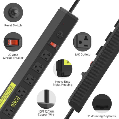 JUNNUJ Heavy Duty Metal Power Strip 20 Amp, High Amp Surge Protector 6 Outlet, 20A Power Strips Workshop Industrial Outlets Wide Spaced 6-20R T-Slot with Circuit Breaker, 12 Gauge Extension Cord 10ft