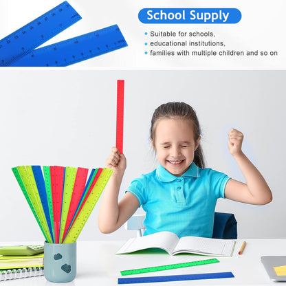 Zonon 100 Pcs 12 Inch Plastic Ruler Assorted Colors Rulers with Centimeters Millimeter and Inches Shatterproof Straightedge Bulk for Classroom School Home Office Kids(Plastic,Yellow, Green, Blue, Red)