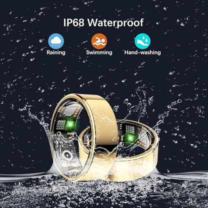 Health Tracker Ring, Smart Health Ring for Women Men with Heart Rate, Blood Oxygen, Sleep Monitor, Steps,Calories, No Subscription Fee, IP68 Waterproof Smart Ring for iPhone & Android (Gold, 9#)