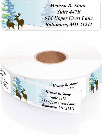 Festive Deer Designer Rolled Address Labels with Elegant Plastic Dispenser