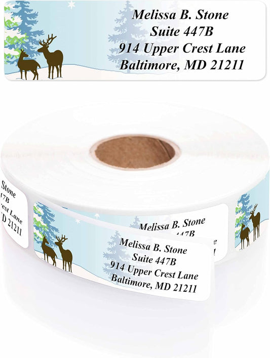 Festive Deer Designer Rolled Address Labels with Elegant Plastic Dispenser