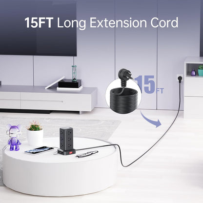 15FT USB C Power Strip Surge Protector Tower, Mini Power Strip Tower Travel 12 AC 4 USB Power Strip with USB Ports, Overload Protection for Home Office