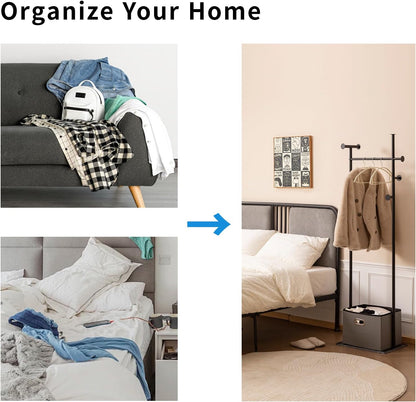 Coat Rack Freestanding with Storage Basket Heavy Duty Clothes Rack Marble Base Modern Coat Stand for Bedroom Living Room Hotel 13.39" D x 19.69" W x 68.9" H (Black)