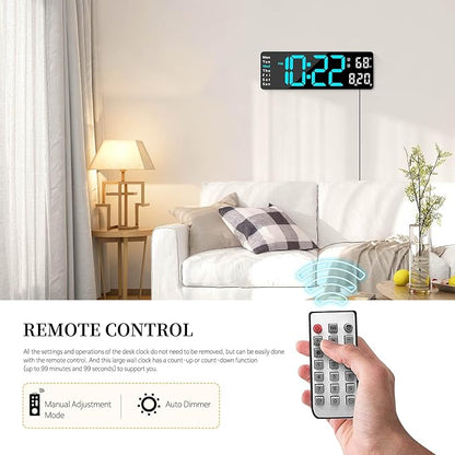Digital Clock, Digital Wall Clock for Living Room Decor, Desk Alarm Clock for Bedroom, Large Wall Clock with Remote Control, Automatic Brightness Dimmer LED Clock with Date Temperature Week (Blue-B)