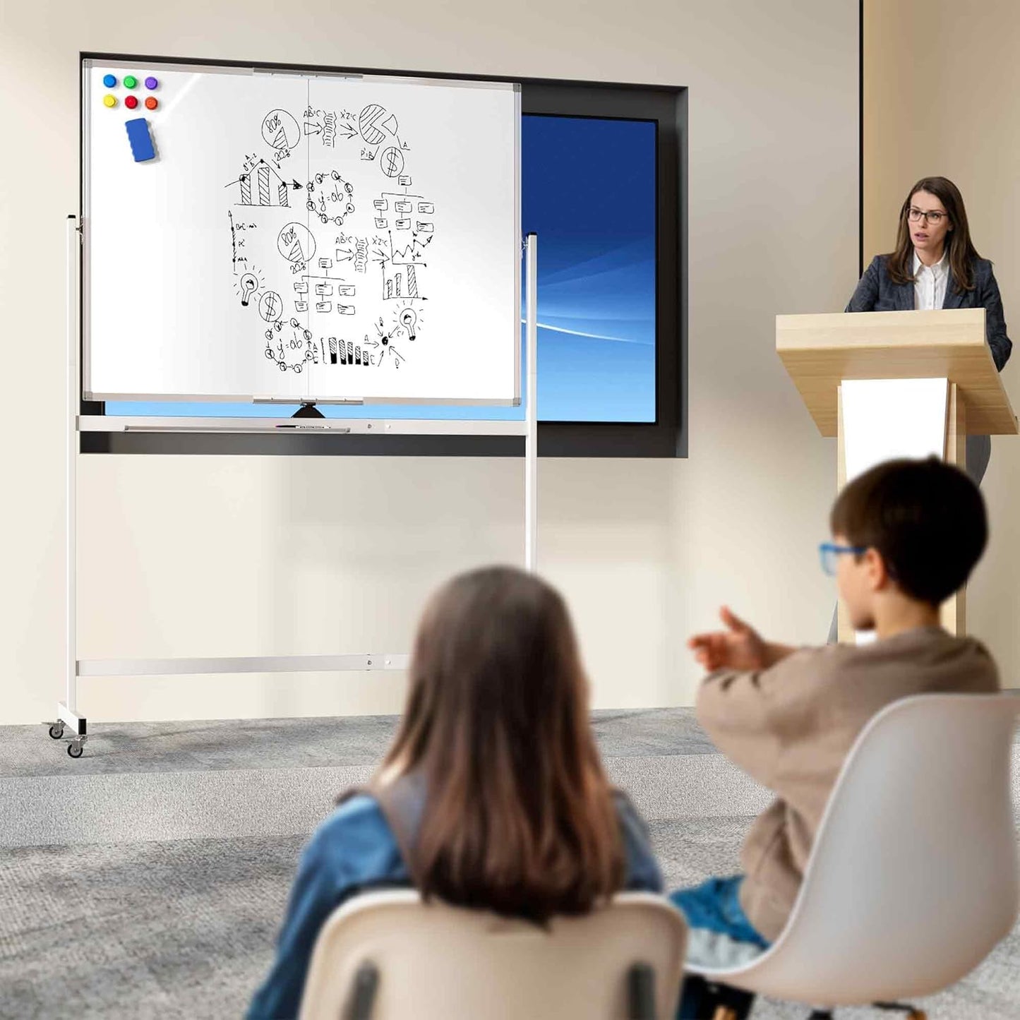 Large Rolling Whiteboard on Wheels, 48" x 36" Double-Sided Mobile White Board with Stand, 4' x 3' Portable Standing Magnetic Dry Erase Board Easel for Home Office Classroom School, Silver