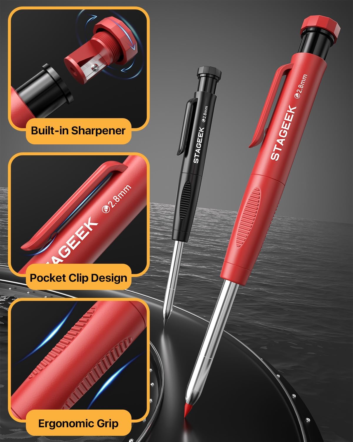 2PCS Carpenter Pencils with Sharpener, Heavy Duty Woodworking Tools, Mechanical Pencil Set with 26 Refills, Deep Hole Long Nib Marker Pens for Architect Marking with Case (Black, Red)