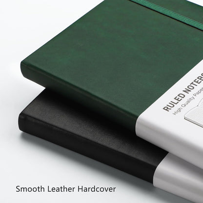 RETTACY Lined Journal Notebook, 2-Pack, 192 Numbered Pages per Pack, A5 Medium Size (5.7'' x 8.3''), for Men & Women, Writing, Work, Leather Hardcover, 100 GSM Thick Paper (Black & Dark Green)
