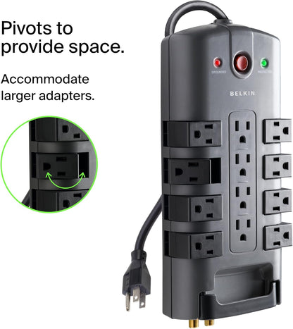 Belkin Surge Protector Power Strip w/ 8 Rotating & 4 Standard Outlets - 8ft Sturdy Extension Cord w/ Flat Pivot Plug for Home, Office, Travel, Desktop & Charging Brick - 4320 Joules of Protection
