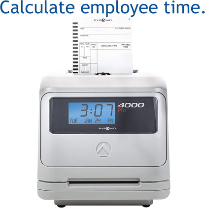 Pyramid Time Systems - Model 4000 Auto Totaling Time Clock, Electronic Time Punch Clock for Small Business, Bundle Includes: 25 Time Cards,Ribbon and 2 Security Keys - Silver ( 7.25"h x 7"w x 6.75"d)