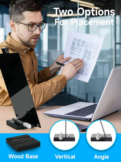 Acrylic Black Dry Erase Board with Stand - 12” x 8” Small Desktop Whiteboard with Marker, Reusable Desk Blackboard, to-Do List, Planner, Memo Clipboard, Menu Board for Office, Home, Bar