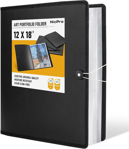 Nicpro 12x18" Art Portfolio Folder, 30 Pockets Display 60 Pages Art Painting Portfolio Binder with Clear Plastic Sleeves, Presentation Storage Book for Kids & Artists Artwork Drawing - (Black)