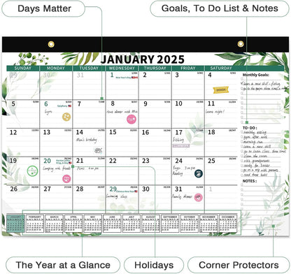 Ospelelf Desk Calendar 2025-2026, Magnetic Fridge Wall Calendar, 18 Month Monthly Large Calendar Planner with Plastic Cover Floral 17" X 12" Green Leaves
