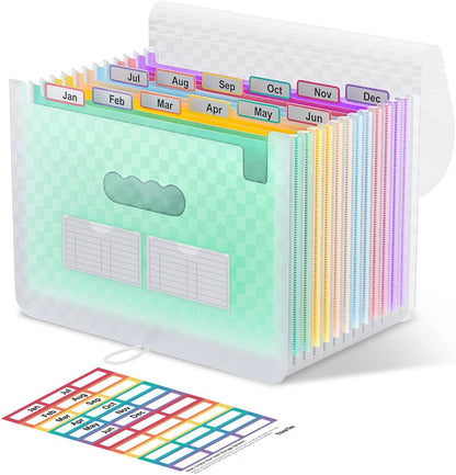 ThinkTex Accordion File Organizer, 12 - Pocket Expanding File Folders for Paper Receipts, Bills&Taxes Organizer, Letter/A4 Size Document Holder for School, Office, Home with Colorful tabs - Green