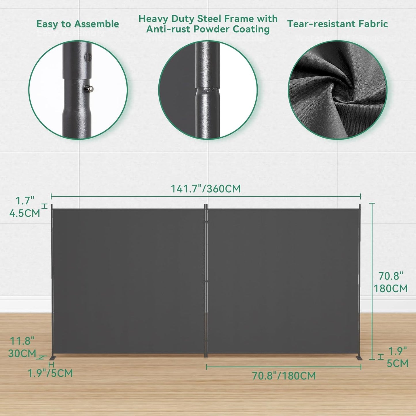 Helios&Hestia 2-Panel 6 ft Tall Indoor Folding Room Divider, Portable Privacy Screen, Freestanding Partition Separator, Temporary Wall Separation for Bedroom, Office, 142" W X 71" H, Dark Grey