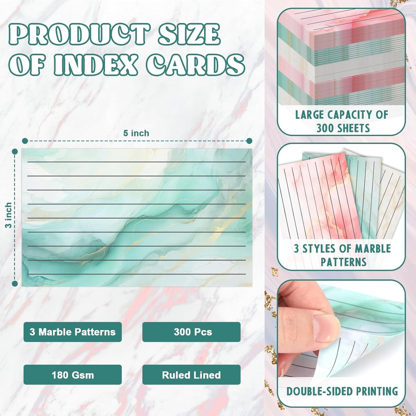 300 Pack Colored Index Cards 3x5 Marble Notecards Lined FlashCards for Studying Heavy Note Cards 180 gsm Memo Cards for Office Home School Supplies