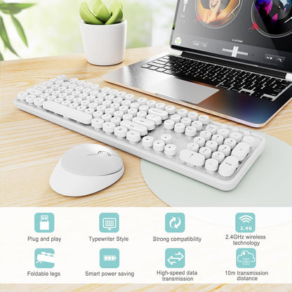 Wireless Keyboard and Mouse Combo, Ergonomic Full Size Typewriter Retro Round Keycaps Keyboard, Compatible with Windows, PC, Perfer for Home and Office Keyboards（White）