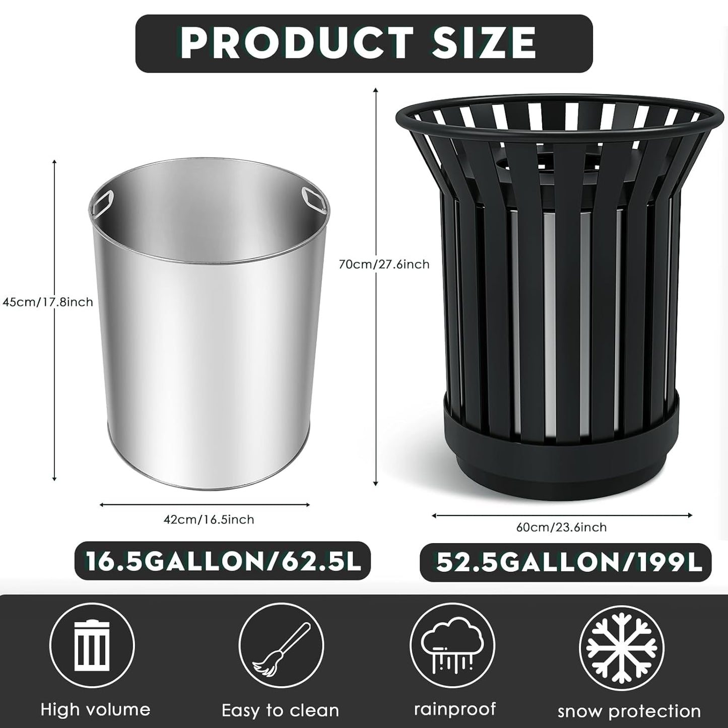 27.6IN Round Large Outdoor Trash Can, Heavy Duty Metal Slatted Garbage Can Outdoor, All Weather Resistant Commercial Garbage Cans, Waste Receptacle in Park, School, Beach, Patio Black