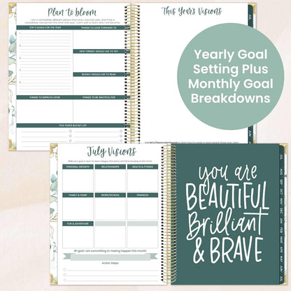 bloom daily planners 2025-2026 Hardcover Academic Year Goal & Vision Planner (July 2025 - July 2026) - Monthly & Weekly Calendar Agenda Organizer - 7.5" x 9" - Eucalyptus, White
