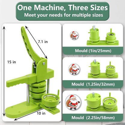 Button Maker Machine Multiple Sizes 1+1.25+2.25in, Button Pin Maker Kit for DIY Gifts, Badge Press Machine with Free 300PCS 25+32+58mm Badge Making Iron Supplies & 3Circle Cutter