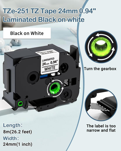 Markdomain Compatible TZe-251 TZe TZ 24mm 0.94 Black on White Label Tape Replacement for Brother PTD600 PTD600VP PTP700 PTP710BT PTP750W P Touch 24mm.94 White TZE251 TZ-251 Label Refills, 6-Pack