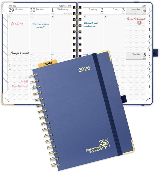 POPRUN 2026 Planner (Medium Size 8.5'' x 6.25'' Wire-Bound Hard Cover) Daily Weekly and Monthly Calendar - Agenda 2026 (Jan.2026-Dec.2026) with Hourly Schedule, Monthly Tabs - Navy Blue