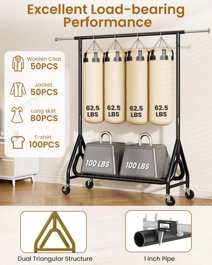 Heavy Duty Clothes Rack, Metal Clothing Rack Load 450 LBS, Rolling Coat Racks for Hanging Clothes with Lockable Wheels, Wardrobe Closet Garment Racks for Bedroom, Black