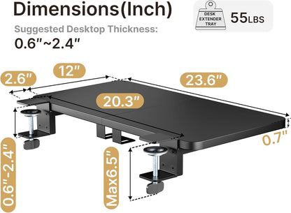 Desk Extender Tray, 24" x 12" Clamp On Desk Shelf, Desk Extension with Laptop Holder, Table Desk Arm Rest, Clamp On Keyboard Tray for Office and Home, Workstation Organizer, Medium, Black