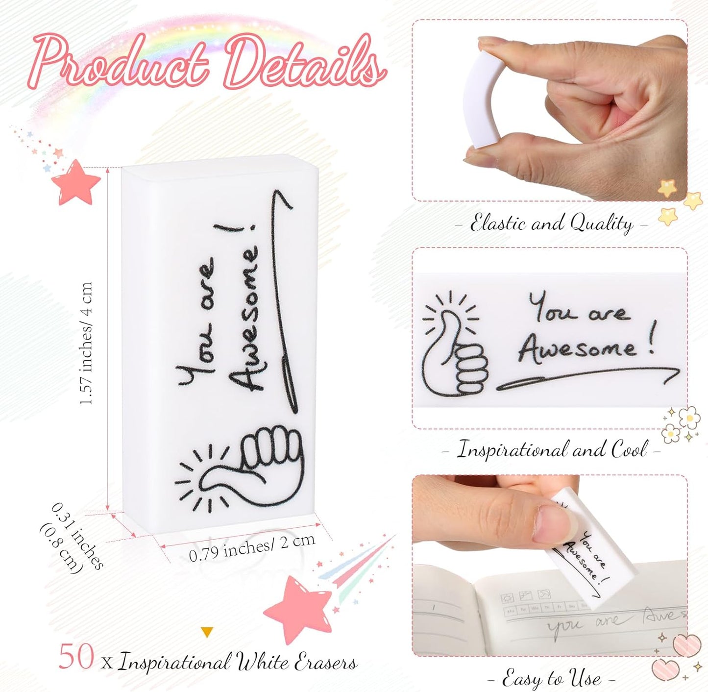 Fuutreo 50 Pcs Welcome Back to School Gifts for Students Inspirational Pencil Erasers Bulk You are Awesome White Cute Fun Erasers First Day of School Gifts Classroom Prizes from Teachers