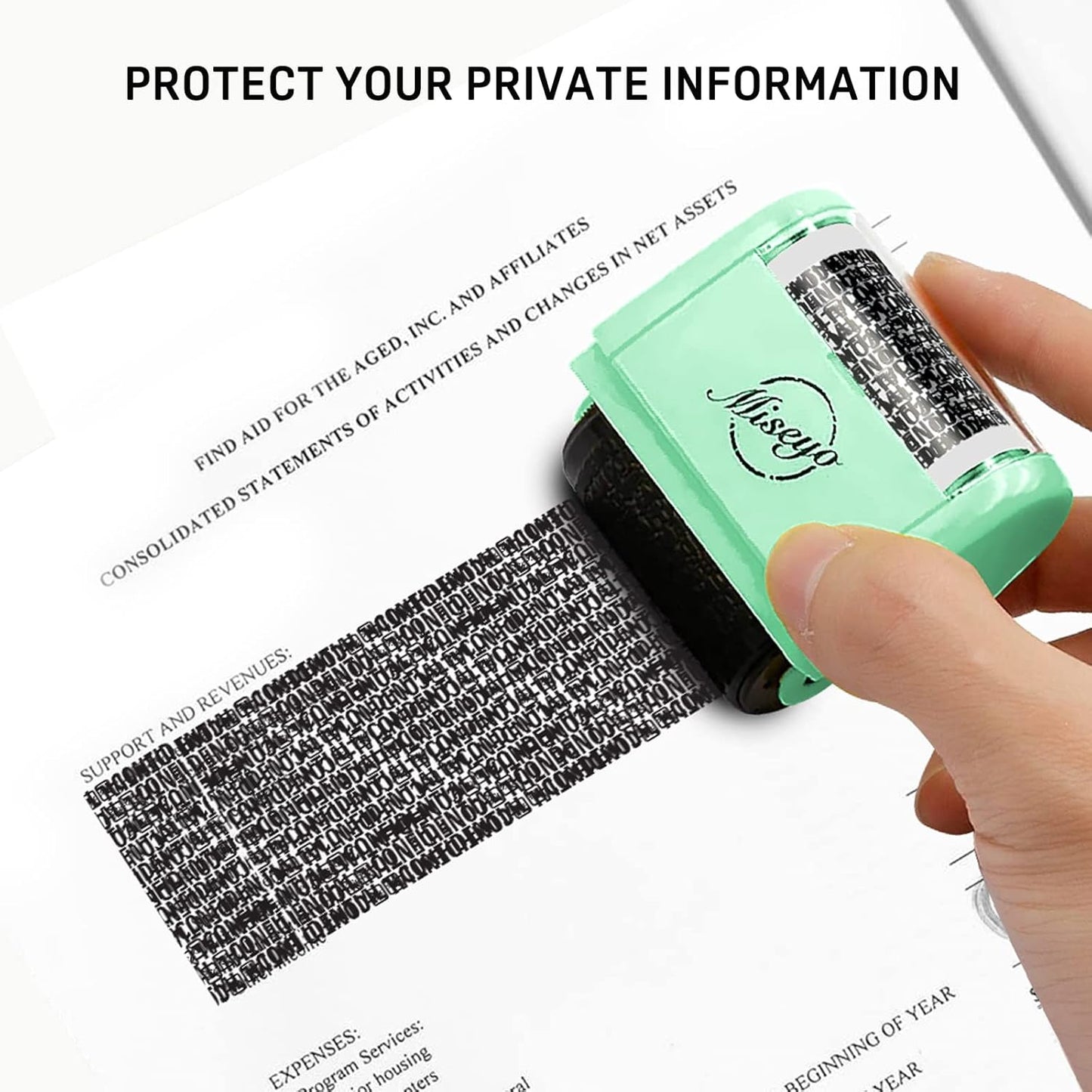 Miseyo Wide Identity Theft Protection Roller Stamp Set - Mint Green (3 Refill Ink Included)