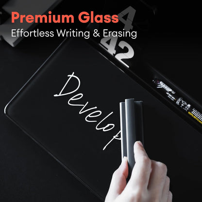 Glass Desktop Whiteboard with Storage 12"x6.5", Black Glass Desk Dry Erase Board Writing Board w. 4 Liquid Chalk Markers,1 Eraser Monitor Memo Board, Home Office Essentials