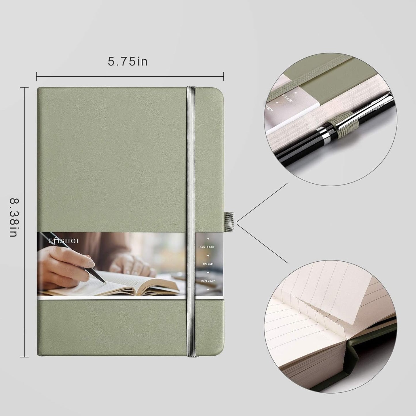EMSHOI Notebook College Ruled - 256 Numbered Pages, 120 Gsm Thick Paper, A5 Hardcover Leather Lined Journal for Men & Women Work School Journaling Writing Diary 5.7" X 8.3"(Green)