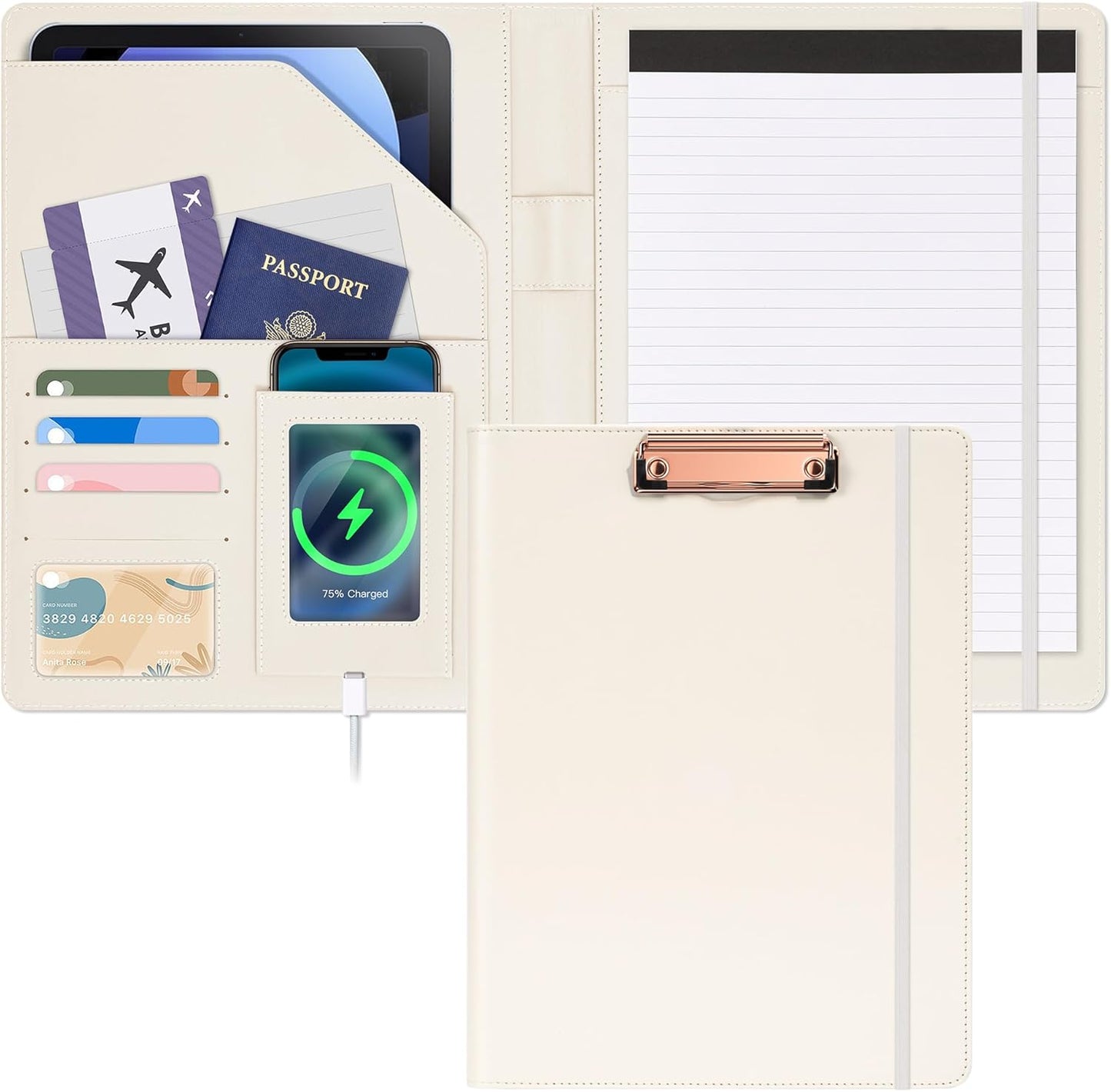 Ospelelf Foldable Clipboard Padfolio with Notepad 8.5 x 11, Faux Leather Business Clipboard Folio for Women Portfolio Organizer, Beige