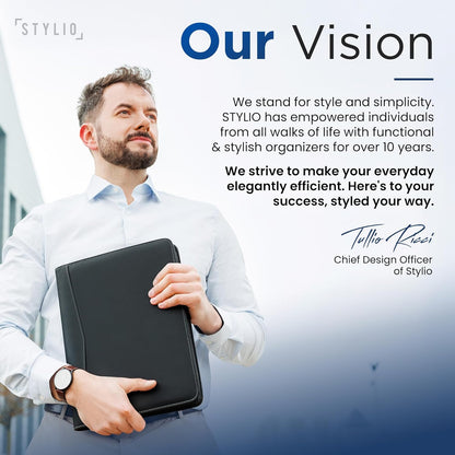 STYLIO Zipper Padfolio Portfolio Binder Organizer | Faux Leather Portfolio for Resume, Documents, Phone, Tablet, Business Supplies and Cards | Notebook Organizer with Letter Sized Notepad Included