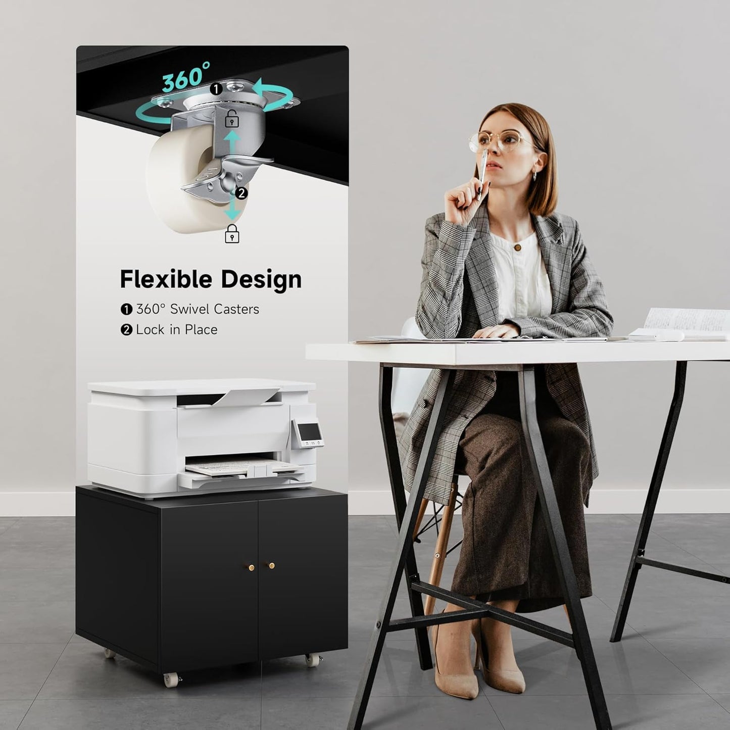 Warmiehomy Metal Printer Stand with Storage Mobile Printer Tables for Small Spaces with Door Adjustable Shelf Black File Cabinet on Wheels for Home Office