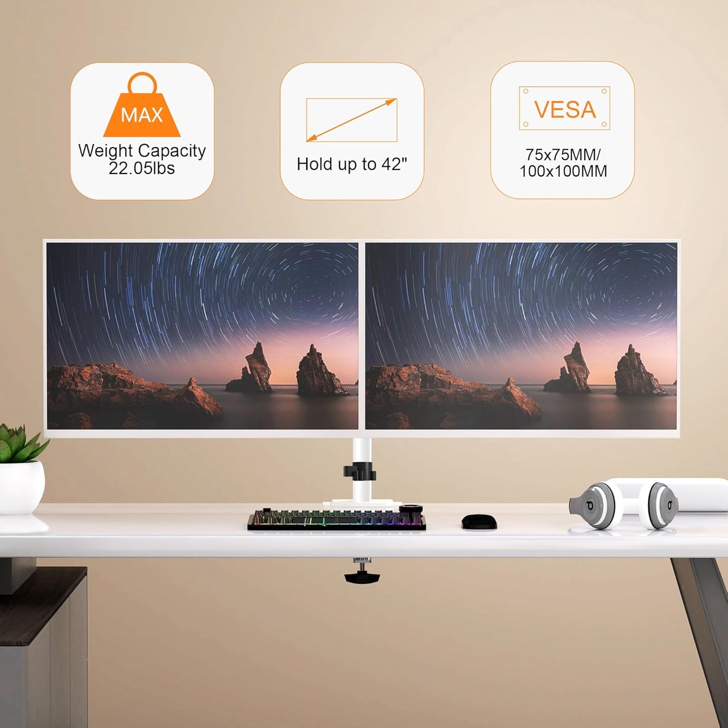 Pholiten Dual Monitor Stand, Heavy Duty Adjustable Monitor Arm Desk Mount for 2 Screens up to 42Inches, Tilt, Swivel, Rotate, Supports Tilt, Swivel, Rotate, Supports 22 lbs per Arm,White