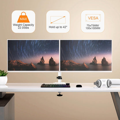 Pholiten Dual Monitor Stand, Heavy Duty Adjustable Monitor Arm Desk Mount for 2 Screens up to 42Inches, Tilt, Swivel, Rotate, Supports Tilt, Swivel, Rotate, Supports 22 lbs per Arm,White